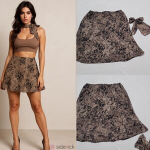 90s Vintage Black Beige Chiffon Ditsy Floral Flared Skirt Lightweight Scarf Set